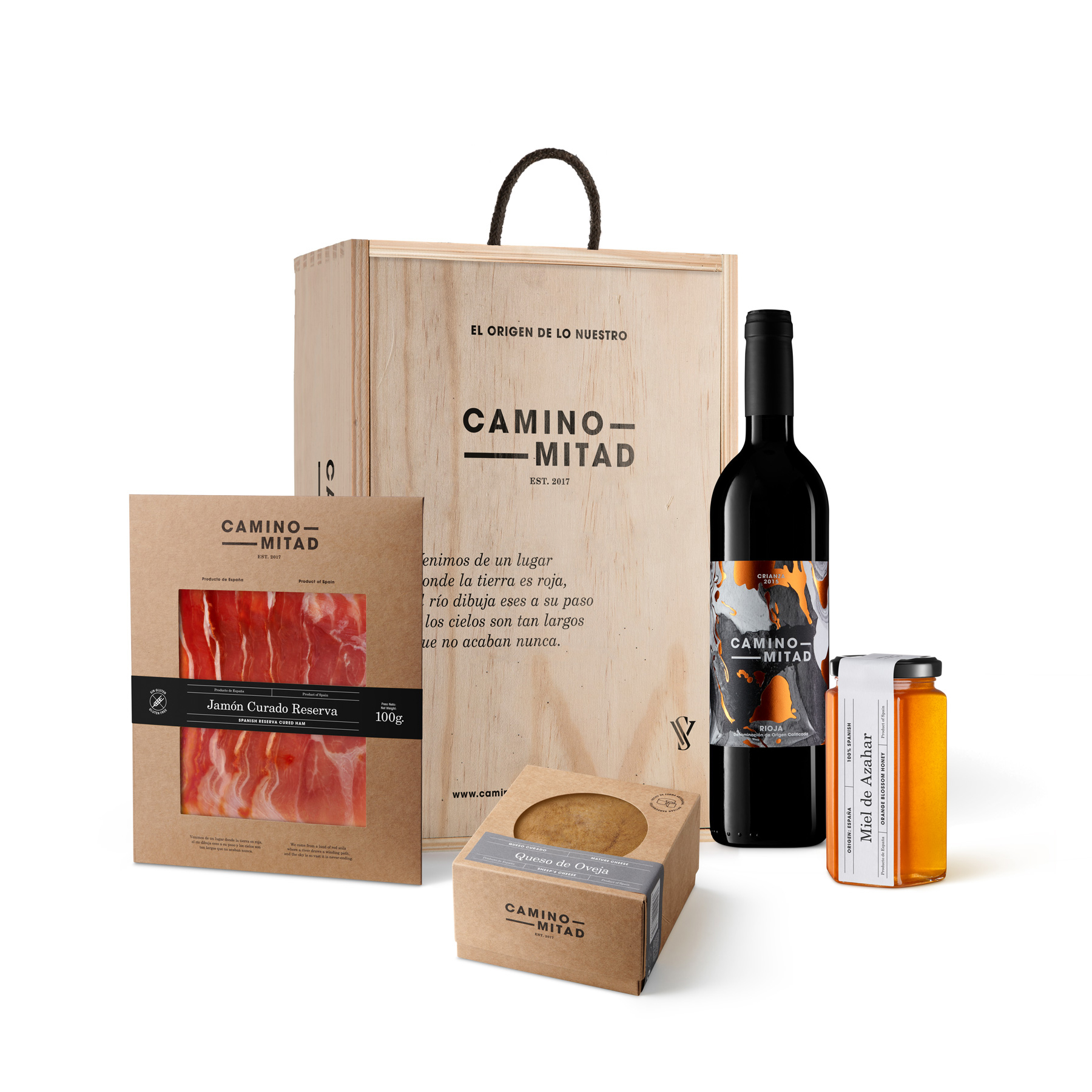 Gift box Spanish products - Caja regalo vino rioja miel queso jamon